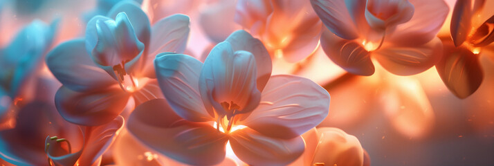Closeup of beautiful white flowers, orange and blue light background, glowing petals, fantasy style, Unreal Engine, octane rendering, artstation, concept design, cinematic lighting, depth field, ultra