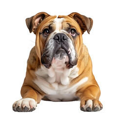 Front view of a Bull dog sitting on isolated transparent background