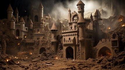 Craft a clay sculpture of a worms-eye view holographic reenactment of a medieval battle Create dynamic poses for the knights, with textured armor and crumbling castle walls, showcasing depth and reali