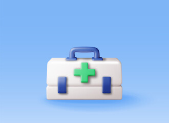 3d First aid kit with green cross isolated. Render plastic bag for medicine. Healthcare, hospital and medical diagnostics. Urgency and emergency services. Vector illustration