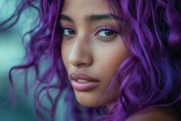 Close up of an Indian woman with vibrant purple hair and matching eyeshadows - obrazy, fototapety, plakaty