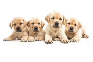 adorable group of golden labrador retriever puppies isolated on pristine white background