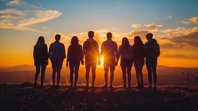 Close group of friends meditating at sunset in a tranquil and serene field setting