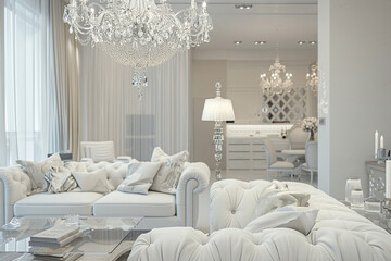 A luxurious white bedroom with a stunning crystal chandelier and a comfortable seating area.