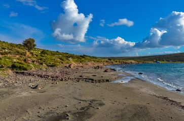scenic beach on Yumru Koyu Bay coast in Alacati (Izmir province, Turkey)	