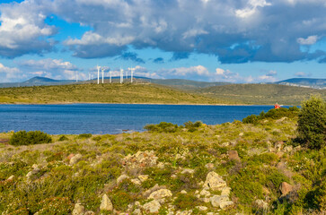 wind farm on the coast of Mersin Koyu inlet near Alacati (Izmir province, Turkiye)