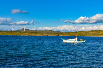 fishing boat in Mersin Koyu inlet near Alacati (Izmir province, Turkiye)
