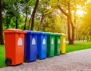 Different color recycling bins in city park bins for collection green yellow blue red of recycle materials