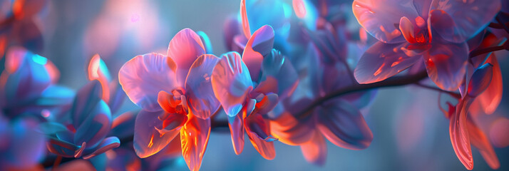 Closeup of vibrant orchid flowers in neon blue and pink hues, set against an abstract background with blurred edges. The focus is on the delicate petals and leaves, creating a dreamy atmosphere. High 
