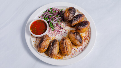 Vegetables kebab. Baked potato kebab 