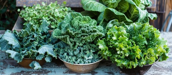 Fresh green vegetables displayed on a wooden table.