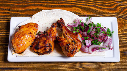 Chicken kebab on plate isolated