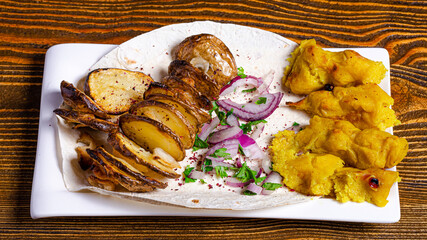 Vegetables kebab. Eggplant, tomato, potato