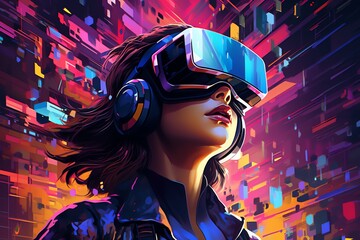 Craft a futuristic vision of a cybernetic being in a virtual reality world, standing in a holographic sea of digital books with neon glowing edges and glitch art effects, designed in a sleek vector st