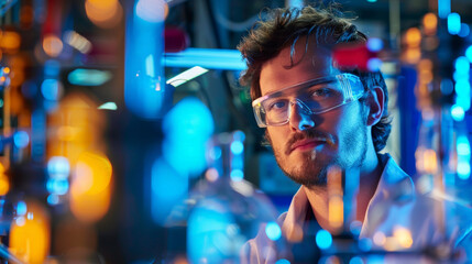 person in laboratory wearing protective glasses