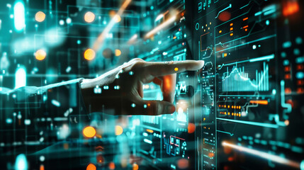 Obraz premium A man makes contact with a futuristic interface, showcasing the interaction between humans and artificial intelligence in a cutting-edge environment