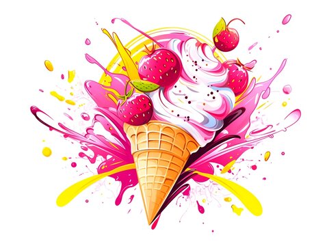 Ice cream vector logo, embellished with cherry elements, vibrant graffiti art style, lemon yellow and pink, visual harmony,vibrant atmosphere, white background,smokey background, spray paint style, ul