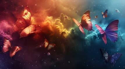 Rainbow-colored butterflies fly through space against a background of dark space with stars and galaxies, symbolizing freedom and beauty. The color palette includes blue,green, purple, pink, yellow, w