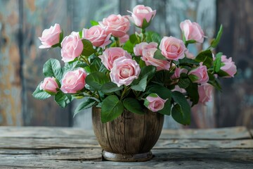 artificial rose bouquet in wooden flowerpot on vintage table selective focus photography