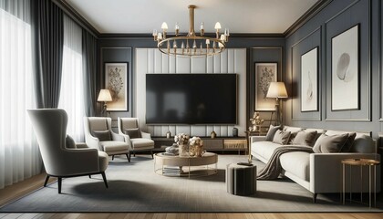 Elegant Living Room with Big TV Screen, Generative AI