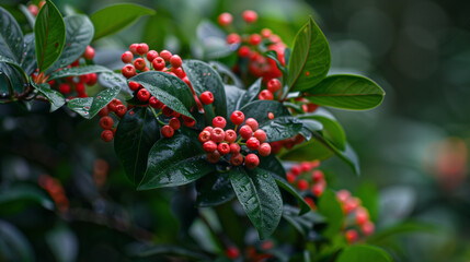 Close-Up of Ardisia japonica, Red Berries on Lush Green Leaves