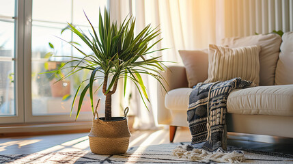 Dracaena Plant in a Woven Basket by a Sunny Living Room Window