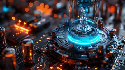 Glass machine, on a circuit board, surrounded by electric lights, blue and grey,black background, 3D, blender, high detail,8k