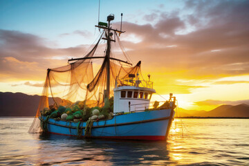 Naklejka premium A boat peacefully floats on the calm water, creating gentle ripples underneath, surrounded by a tranquil and serene atmosphere