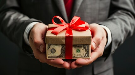 businessman holding a gift box with money
