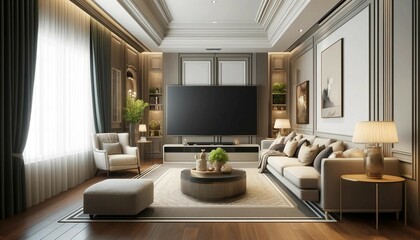 Elegant Living Room with Big TV Screen, Generative AI
