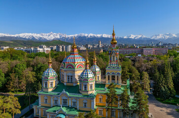 Quadcopter view of the Orthodox wooden Ascension Cathedral built in 1907 in the Kazakh city of Almaty on a spring evening