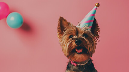 yorkshire terrier in a festive hat on a pink background - obrazy, fototapety, plakaty