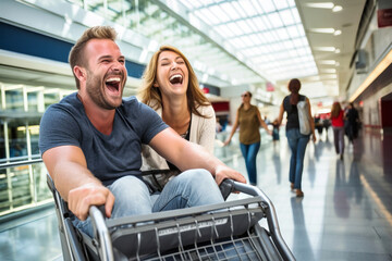 A man and woman burst into laughter as they push a shopping cart filled with their belongings during a joyful journey - obrazy, fototapety, plakaty
