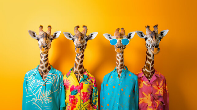 giraffes in colorful glasses and clothes. giraffes in a group, vibrant bright fashionable outfits on yellow background. Creative giraffes birthday concept.