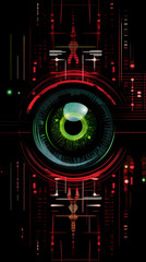 Biometric Identification System with Red and Green Iris Scans on Black Background