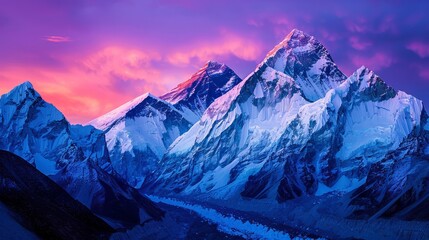 Sunset View of the Himalayas Near the Himalayan Mountain Mt Everest - Purple sky with snow covered cliffs and colorful lighting of the valley and mountain range - Powered by Adobe