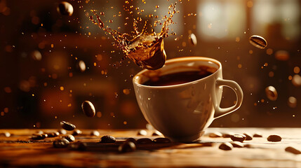 shot of a coffee bean dropping into a full cup of coffee, creating an aesthetically pleasing...