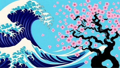 Abstract Hokusai Style Background with Waves and Sakura