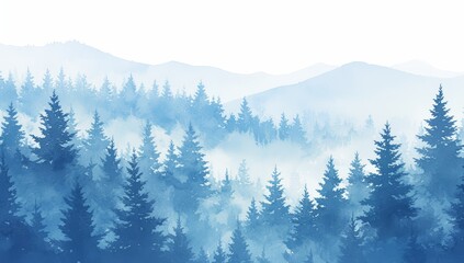watercolor misty forest, hills in the background, white and blue colors