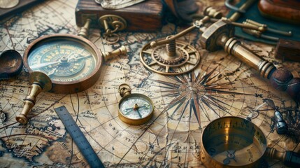 An old geographic map with navigational tools: compass, divider, ruler, protractor. View of the workplace of ship's captain. Travel, geography, navigation, tourism and exploration concept background.