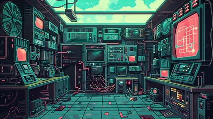 Illustrate a Worms-eye view User Interface in a pixel art style, featuring a retro-futuristic design with bold, blocky elements Use a limited color palette to evoke nostalgia and simplicity