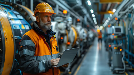 engineer in full safety attire, including a helmet and reflective vest. - factory interior exuding confidence and control. He holds a laptop, sophisticated design and the factory's clean, organized.