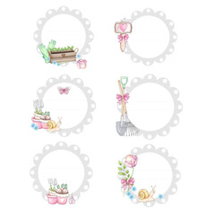 Watercolor clipart springtime farmer circle border, with garden tools and primroses. Copy space design element. For invitation, wedding, printing, label, textile, greeting card