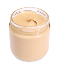Tasty nut paste in jar isolated on white