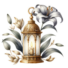 A beautiful lantern with a candle inside. It is decorated with flowers and leaves.