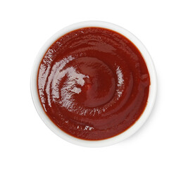 Tasty barbecue sauce in bowl isolated on white, top view