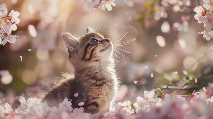 A kitten is sitting in a field of pink flowers. The kitten is looking up at the camera, and the flowers are scattered around it. The scene is peaceful and serene