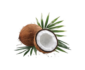 Fresh Coconut isolated. Coconut slice and piece with leaves on transparent background. Broken white coco flying. Ai generative.