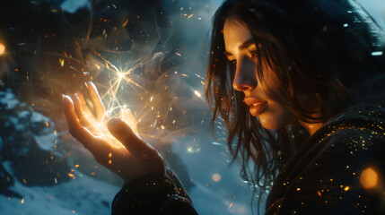 A woman is holding a glowing orb in her hands. The image has a dreamy, ethereal quality to it, as if the woman is surrounded by a magical, otherworldly atmosphere