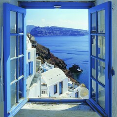 View from an open window with blue shutters of the Aegean sea, caldera, coastline and whitewashed...